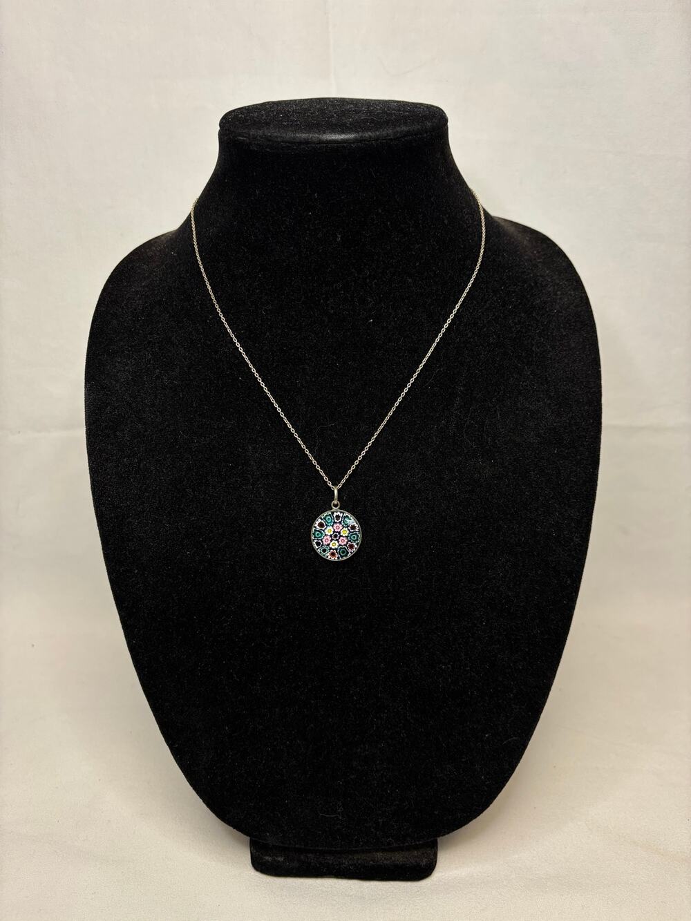 Millefiori Round Flower Pattern Pendant on Sterling 19โ Chain #6206